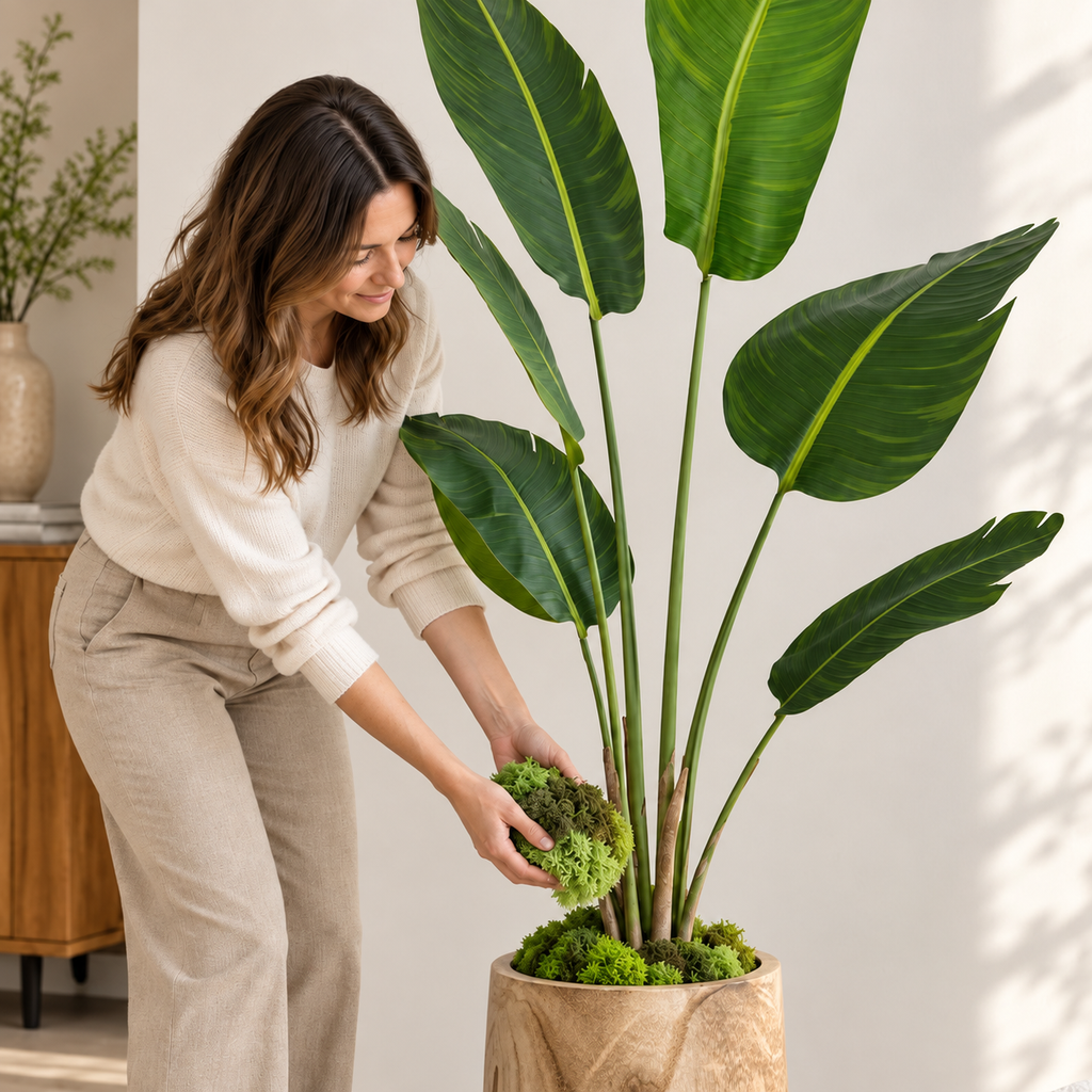 Rematando con musgo decorativo una planta artificial en su macetero de madera