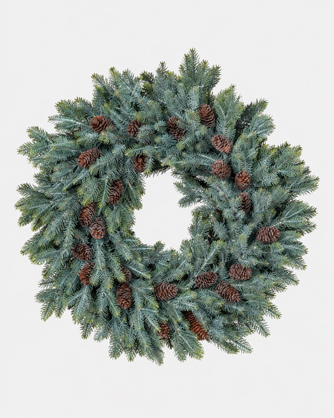 Corona de Navidad verde gris con piñas alargadas, de 63 cm, sobre fondo claro