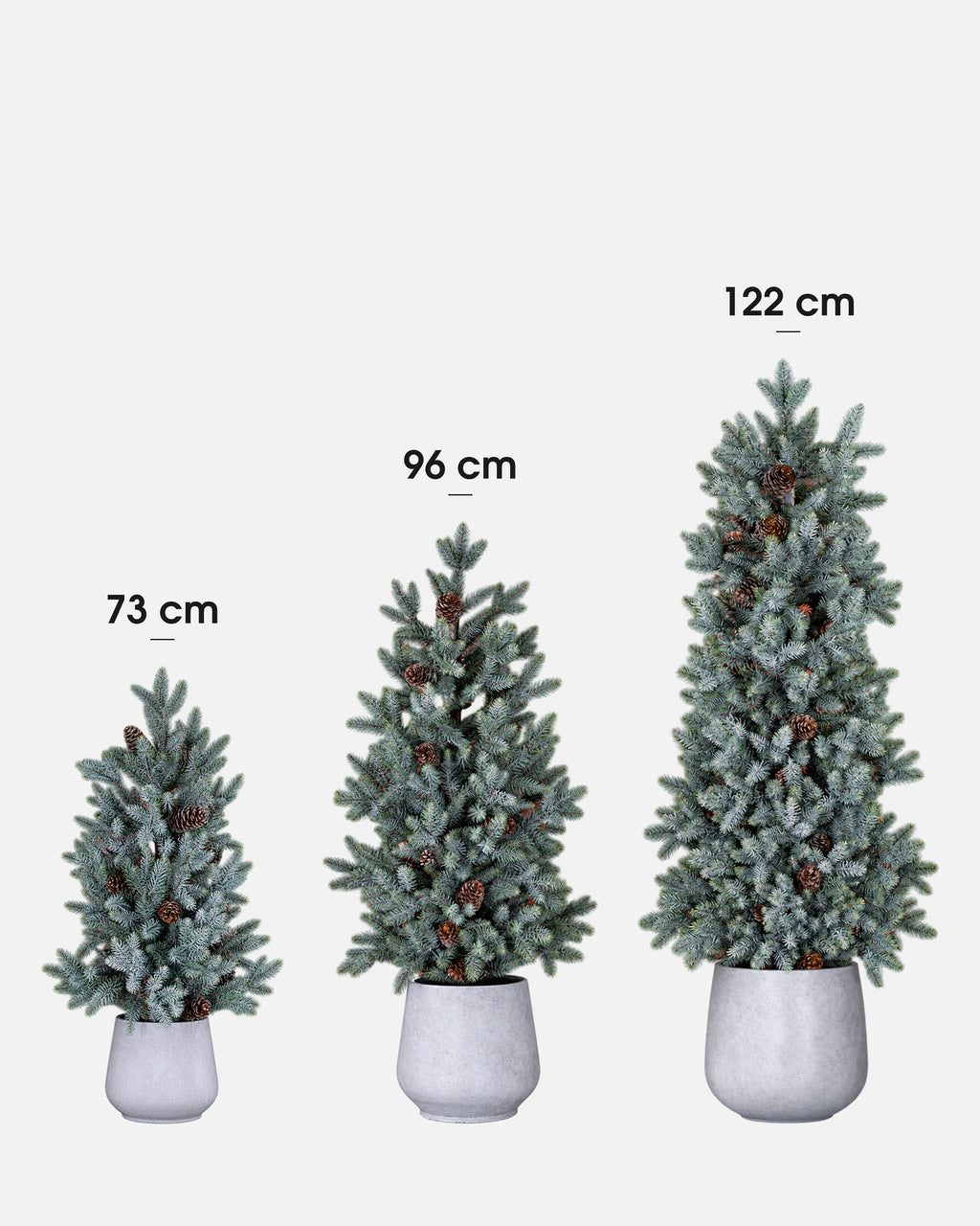 Comparativa de tamaños del abeto artificial verde gris: 73 cm, 96 cm y 122 cm · BOSSVI