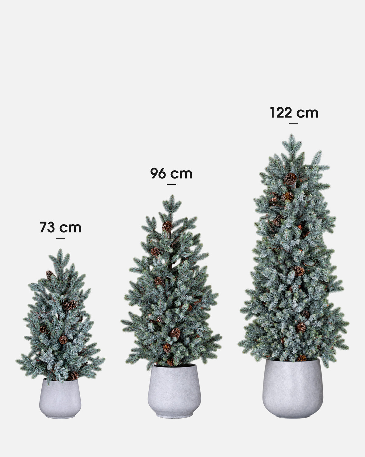 Comparativa de tamaños del abeto artificial verde gris: 73 cm, 96 cm y 122 cm · BOSSVI