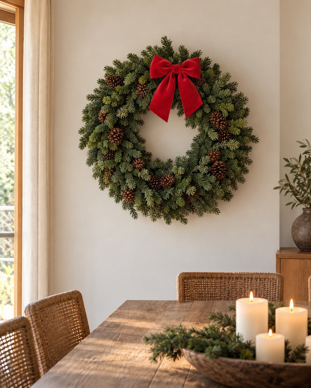 Corona de Navidad balsámica con piñas de Ø80 cm con lazo rojo de terciopelo · BOSSVI