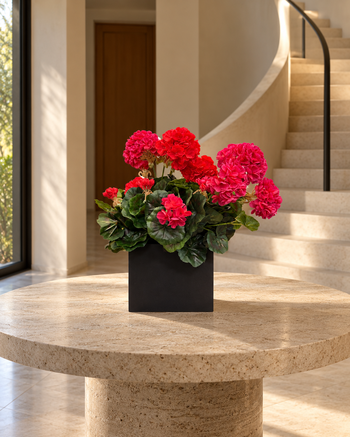 Geranios artificiales de 39 cm, uno rojo y uno cereza, ambientados en un interior · BOSSVI